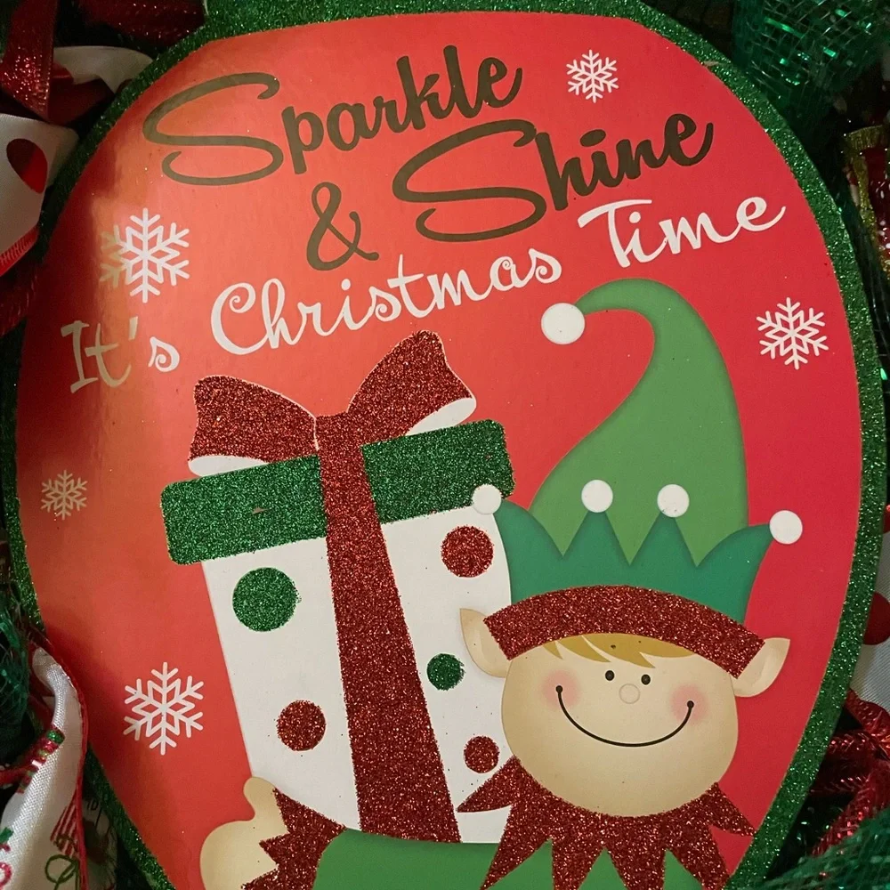 EUC Ribbon Designed Christmas Wreath with Wood Sign